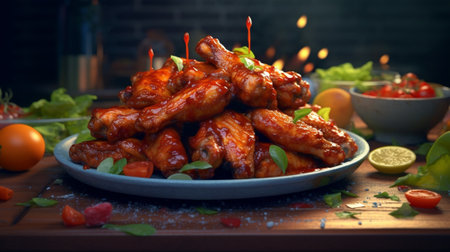 chicken wings grill Serving on a white plate on a table Barbecue restaurant menu a series of photos of different meats : Generative AIの素材