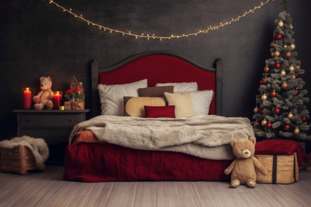 Xmas in morning bedroom Double bed In christmas Interior on wood wall background : Generative AIの素材