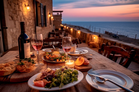 buffet table fruit and wine wedding in cyprus bride and groom on a stone bridge in Agia Napa The view of the sea On the rock coast : Generative AIの素材