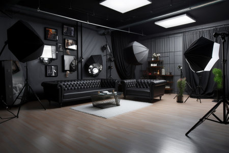 photographic studio with modern lighting equipment Light spring room studio interior Luxury decor with daylight : Generative AIの素材