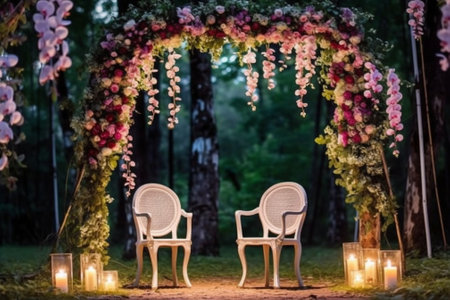 candles Wedding decor in the magic forest for a loving couple Pink and green colors : Generative AIの素材
