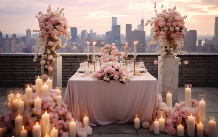 luxury dinner Banquet in the restaurant Beautiful and exquisite decoration of the wedding celebration Banquet served table with a beige pink tablecloth plates and candles : Generative AIの素材