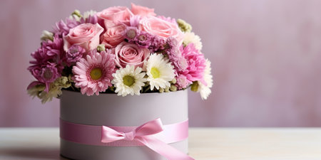 Beautiful spring bouquet in round box Arrangement with various flowers The concept of a flower shop A set of photos for a site or catalogue Work florist : Generative AIの素材