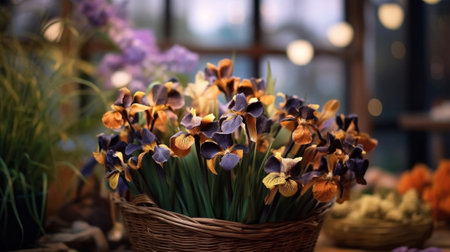 Beautiful Christmas composition in a wicker basket on wooden boards Preparation for holidays concept Flower shop is a master work of a professional florist copy space lig : Generative AIの素材