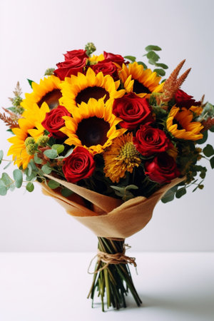 Autumn bouquet of mixed flowers on wooden table The work of the florist at a flower shop Fresh cut flower : Generative AIの素材