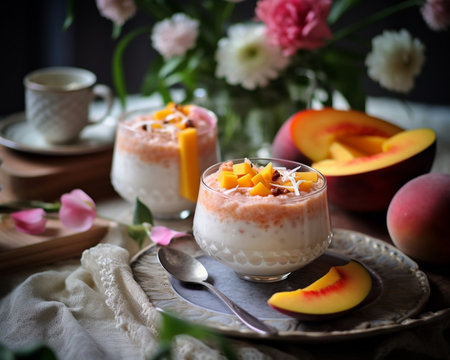 Breakfast in cafe on a sunny morning on the summer veranda Cappuccino coffee and rice porridge with mango Cashews sesame seeds enjoying breakfast : Generative AIの素材