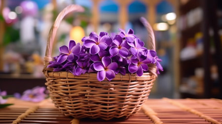 Beautiful Christmas composition in a wicker basket on wooden boards Preparation for holidays concept Flower shop is a master work of a professional florist copy space lig : Generative AIの素材