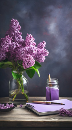 Bouquet of Beautiful violet and pink hyacinths Spring flowers in vase on gray table background bulbous plant : Generative AIの素材