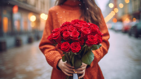 Big luxury bright bouquet in the hands of a cute girl One hundred of garden red roses Color passionately scarlet Autumn mood bouquet in a hat box : Generative AIの素材