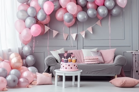 Boxes with flowers and a large pudrinitsa with balls and balloons in room decorated for birthday party : Generative AIの素材