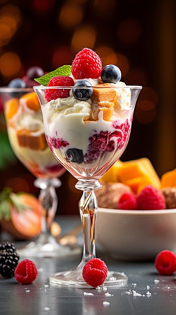 Classic creme brulee in glass bowl Appetizing ice cream close up Delicious dessert with grape and strawberry Sugary meal with caramel mint and berries decoration Restaura : Generative AIの素材