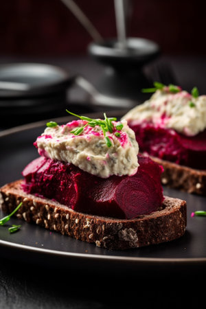 Closeup of a piece of beetroot on a fork Healthy diet food Italian salad with beetroot basil leaves and cheese feta with oil and small profiteroles : Generative AIの素材