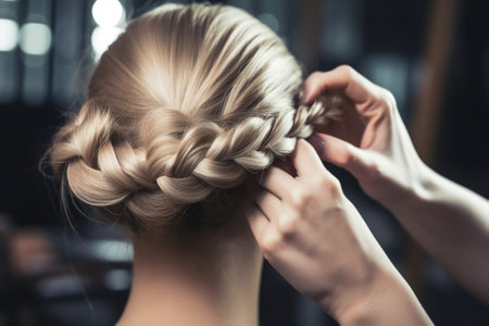 Closeup hairdresser man makes hairstyle for young woman in beauty salon : Generative AIの素材