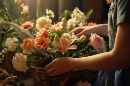 Closeup hands female florist Floral workshop woman making a beautiful flower composition a bouquet in a wicker basket Floristry concept : Generative AIの素材