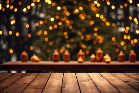 Christmas sock and decoration on wood on the terrace bright with garlands : Generative AIの素材