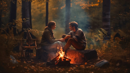 Closeup portrait of a couple sitting with guitar near bonfire in the forest : Generative AIの素材