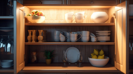 Glasses dishes and bowls in a cabinet in a kitchen Kitchen storage organization Details of the interior of the kitchen in the house : Generative AIの素材