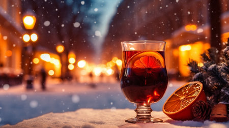 Christmas Market in European small city Hand holding a cup of mulled wine with blurred background of winter wonderland a : Generative AIの素材