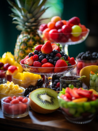 Fresh Fruit platter on banquet table at business or wedding event venue Self service or all you can eat raspberry strawberry cherry Fig apricote Table with cold snacks an : Generative AIの素材