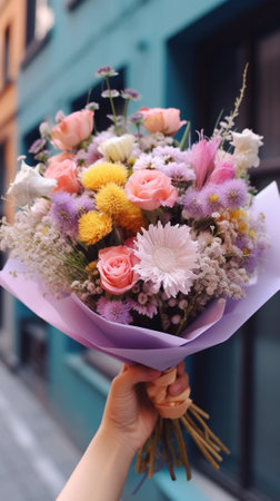 Flower shop Beautiful bouquet of mixed flowers in woman hand the work of the florist at a flower shop Delicate Pastel color Fresh cut flower Pink and lilac color : Generative AIの素材