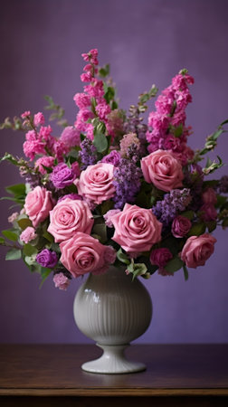 Delphinium of pink color and lemon in vintage vase on gray background : Generative AIの素材