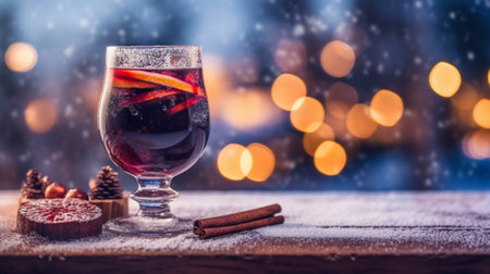 Hand holding a cup of mulled wine with blurred background of winter wonderland a Christmas Market in European small city : Generative AIの素材