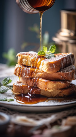 French toast style brioche with vanilla ice cream pear nut mint leaf and red berry sauce Light morning Breakfast fresh warm pastries and aromatic cappuccino coffee : Generative AIの素材