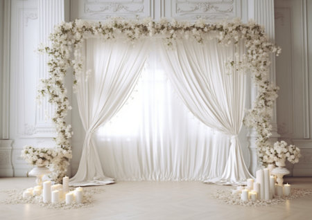 Crystal decorations for the wedding ceremony luxurious decor Beautiful arch decorated with chains with transparent beads : Generative AIの素材