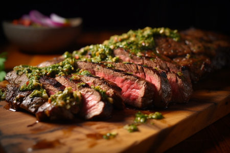 Hot grilled whole Denver steak with Pickled cabbage and two sauces Serving on a wooden Board Barbecue restaurant menu a series of photos of different meats : Generative AIの素材