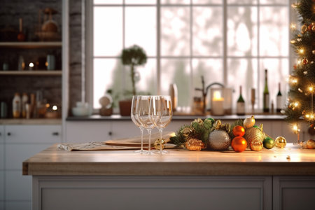 Interior light grey kitchen and red christmas decor Preparing lunch at home on the kitchen concept Focus on tree : Generative AIの素材