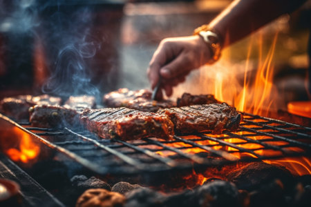 Lunch in a restaurant a woman eats Pieces of liver cooked on the grill Serving on a wooden Board Barbecue restaurant menu a series of photos of different meats : Generative AIの素材