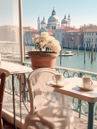 Dining tables in outdoor restaurant in beautiful city Venice : Generative AIの素材