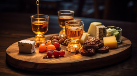 Light Italian snacks A buffet table at a dinner party Cheese plate Delicious cheese mix on wooden table Tasting dish on a wooden plate Food for wine : Generative AIの素材