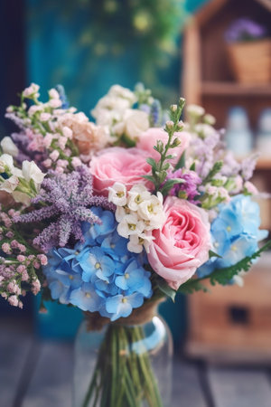 Closeup beautiful luxury bouquet of mixed flowers on wooden table the work of the florist at a flower shop Wallpaper : Generative AIの素材
