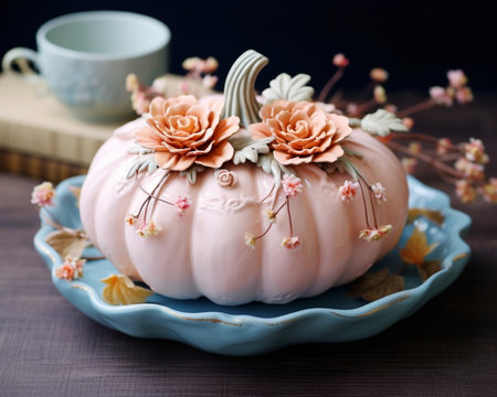 Flowers arrangement in pumpkin in women hands Fresh cut flowers for decoration home European floral shop Delivery fresh cut flower : Generative AIの素材