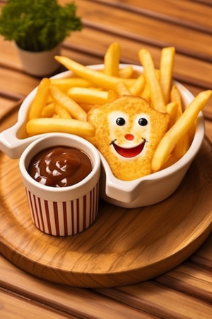 Hot potato fries in the form of smile Box for children potato pancakes : Generative AIの素材