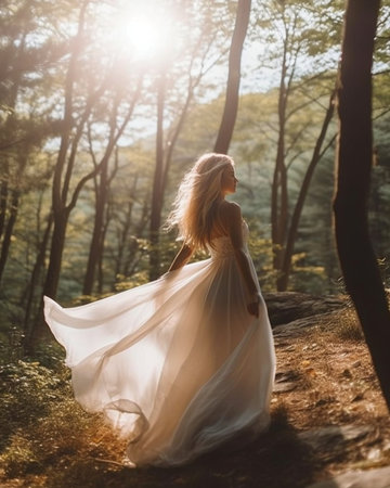 Photo of the bride from the back wedding dress on a girl the bride in the forest veil in the wind : Generative AIの素材