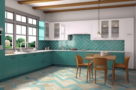 The combination of ceramic tiles in the form of rhombus Kitchen renovation Freshly glued Highquality Italian tiles : Generative AIの素材