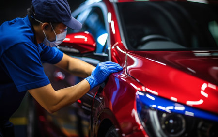 Repairing car body Application putty close up The mechanic repair the car Work after the accident by working sanding primer before painting : Generative AIの素材
