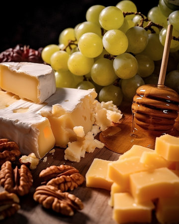 Parmesan cheese with honey closeup Table full of mediterranean appetizers tapas or antipasto Assorted Italian food set Delicious snack on party or picnic time Italian sty : Generative AIの素材