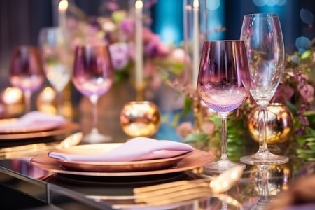 Tables set for an event party or wedding reception luxury elegant table setting dinner in a restaurant glasses and dishes : Generative AIの素材