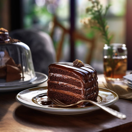 Piece of sacher chocolate cake cocoa biscuit with walnut filling and dark chocolate icing served on a plate : Generative AIの素材
