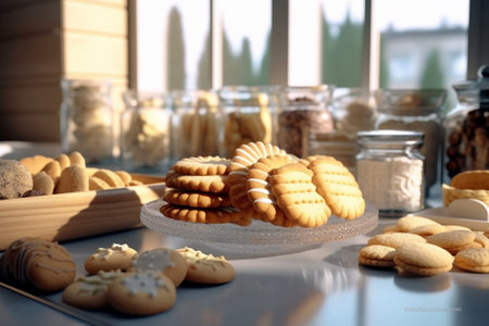 Oatmeal cookies on the marble kitchen table Transparent glass jars with cookies in the interior of the cafe Stylish interior of the kitchen of a trendy restaurant decorat : Generative AIの素材