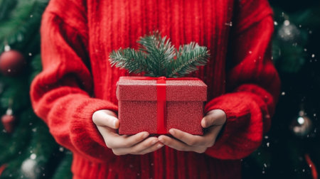 Young woman holding a Christmas wooden box with fir branches for the holiday The new year celebration European flower shop : Generative AIの素材