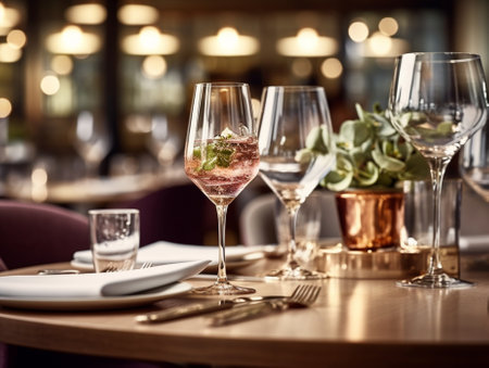 Wine glasses in the foreground The chairs and table for guests served with cutlery and crockery : Generative AIの素材