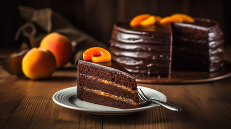 The Sacher cake Sachertorte Austrian chocolate cake consisting of two plates of chocolate sponge cake and a thin layer of apricot jam : Generative AIの素材