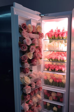 Warehouse refrigerator Wholesale flowers for flower shops Roses in a plastic container or bucket Online store Floral shop and delivery concept : Generative AIの素材