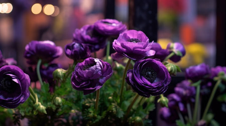 The pistils and stamens the heart of the flower Close up anemones in glass vase The concept of a florist in a flower shop Wallpaper : Generative AIの素材