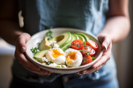 Woman eating fresh vegetable detox soup made of broccoli with with pumpkin seeds In the foreground toast with avocado and poached egg spinach salad : Generative AIの素材