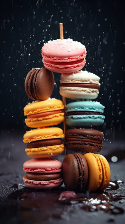 Variety of sweet macaroons Cookie in the form of a snowman on gray table sprinkled with snow Modern european French cuisine Christmas theme Merry Christmas card New year  : Generative AIの素材